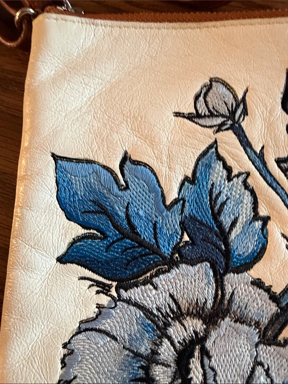 Brighton White Crossbody Bag with Blue Floral Embroidery